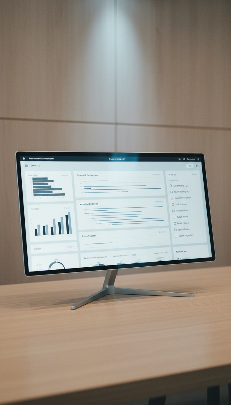 A close-up view of a structured, monochromatic project management dashboard displayed on a high-resolution, ultra-thin monitor. The screen is beautifully crisp, showing a clean layout of charts, timelines, and checklists in soft blues and grays. Positioned on a smooth, light-wood desk, the monitor stands against a serene, uncluttered background of pale taupe paneling. Cool ambient light filters in from above, casting gentle, even illumination with soft highlights on the monitor frame. The shot uses shallow depth of field to keep the digital elements sharp while softly blurring the peripherals. The overall atmosphere is purposeful, analytical, and poised, representing systematic planning with a modern photographic and corporate style.